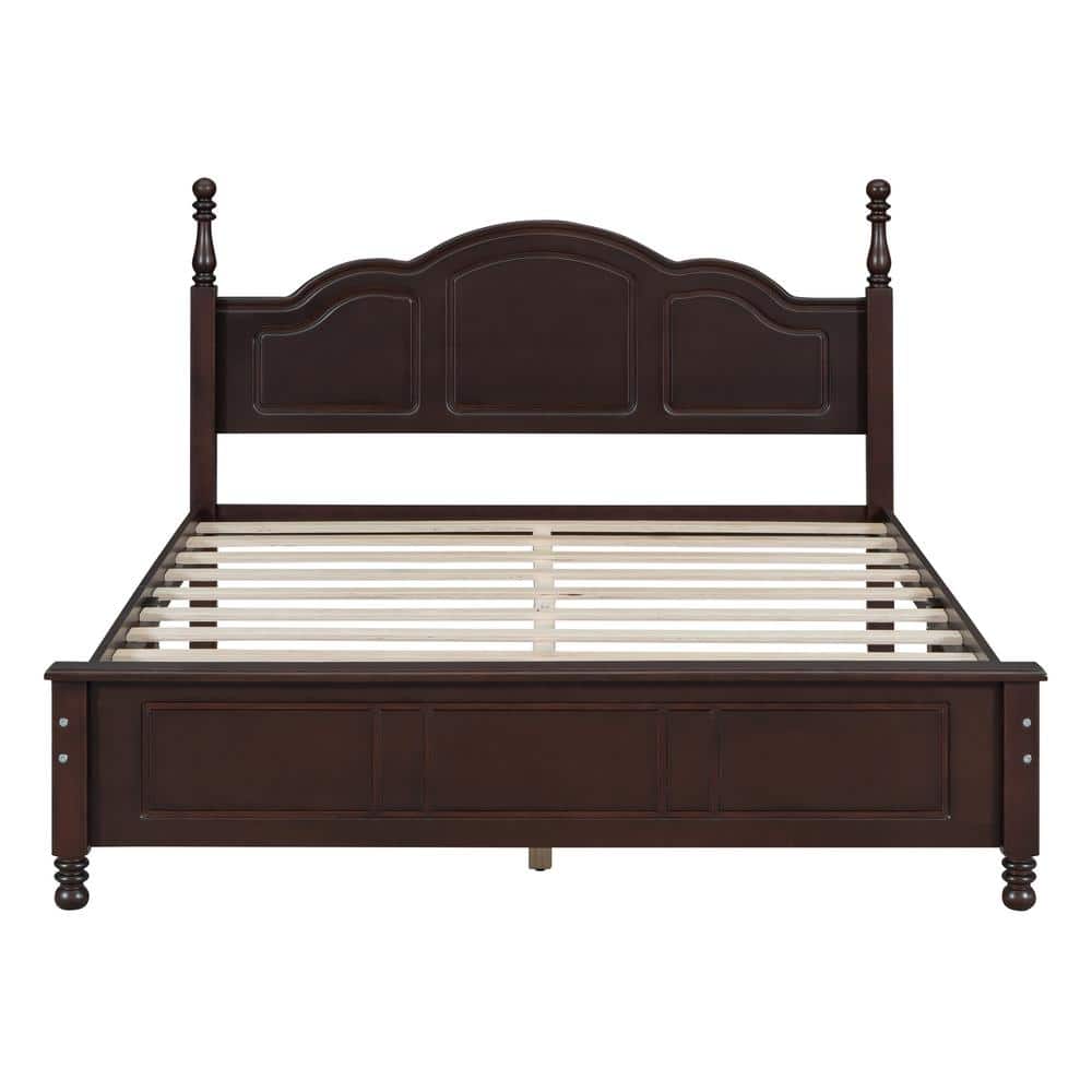 Dark Walnut (Dark Brown) Wood Frame Queen Size Platform Bed with Retro Style Headboard - thumbnail 2
