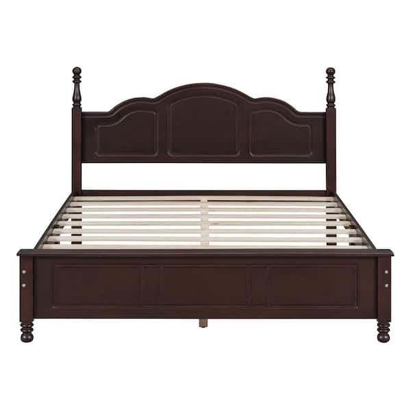 Dark Walnut (Dark Brown) Wood Frame Queen Size Platform Bed with Retro Style Headboard