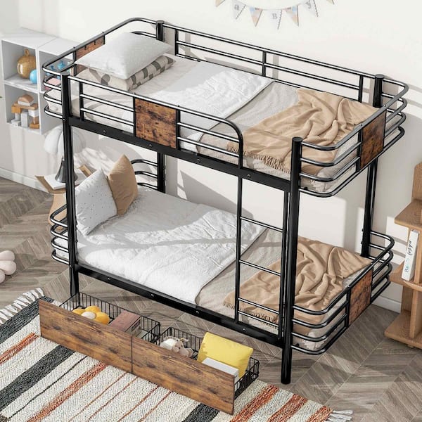 Polibi Black Twin XL Over Twin XL Metal Bunk Bed with MDF Board Guardrail and 2-Storage Drawers