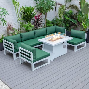 Cheslea White 7-Piece Aluminum Patio Fire Pit Set with Green Cushions