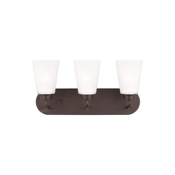 Generation Lighting Kerrville 18 in. 3-Light Bronze Traditional Transitional Bathroom Vanity Light with Satin Etched Glass Shades