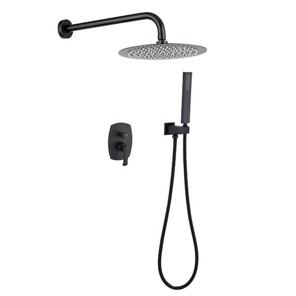 Tahanbath 2-Spray Patterns with 2.5 GPM 10 in. Bathroom Wall Mount Dual Shower Heads with Hand Shower in Matte Black