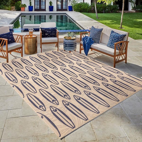 Mickey Mouse Surfboard Sand/Navy 6 ft. x 9 ft. Geometric/Animal Print Indoor/Outdoor Area Rug