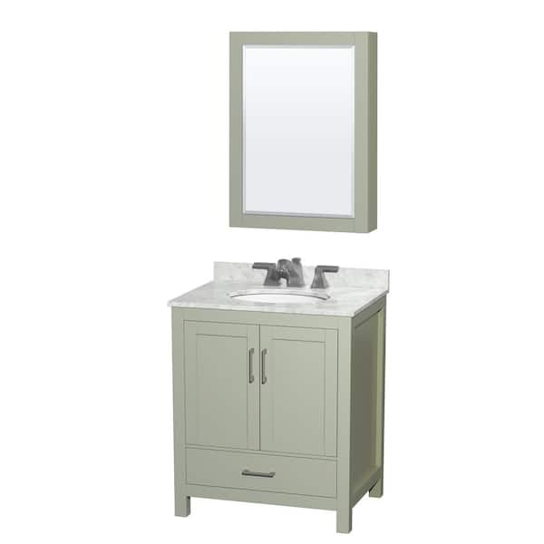 Wyndham Collection Sheffield 30 in. W x 22 in. D x 35 in. H Single Bath Vanity in Light Green with White Carrara Marble Top & MC Mirror