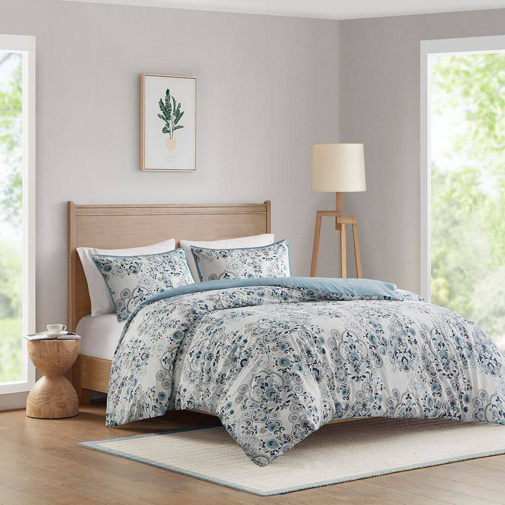Elsie Blue Floral Cotton Full/Queen Duvet Cover Set
