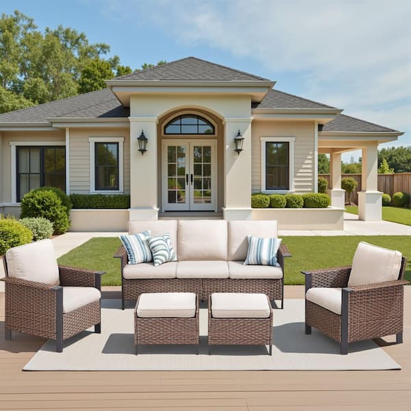 5-Piece Brown Wicker Patio Conversation Set with Ottomans, Outdoor Sofa Seating Set with Beige Cushions