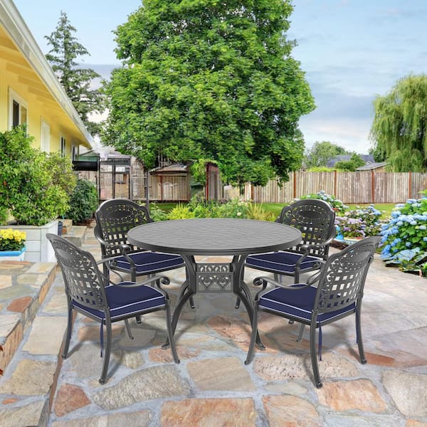 Isabella Black 5-Piece Cast Aluminum Outdoor Dining Set with Round Table and Dining Chairs and Random Color Seat Cushion