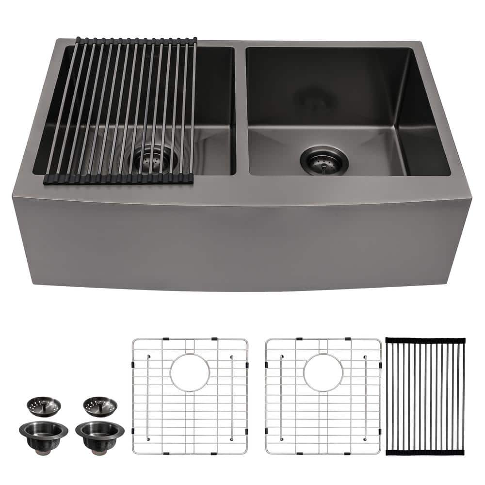 Gunmetal Black 16 Gauge Stainless Steel 33 in. Double Bowl Round Corner Farmhouse Apron Kitchen Sink with Bottom Grid, Stainless Steel Brushed