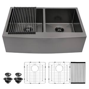 16 Gauge Stainless Steel 33 in. Single Bowl Round Corner Farmhouse Apron Workstation Kitchen Sink with All Accessories