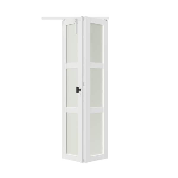 30 in. x 80 in. 3-Lite Frosted Glass Solid Core White Finished MDF Bi-fold Door with Lock, Handle, and Hardware Kit.