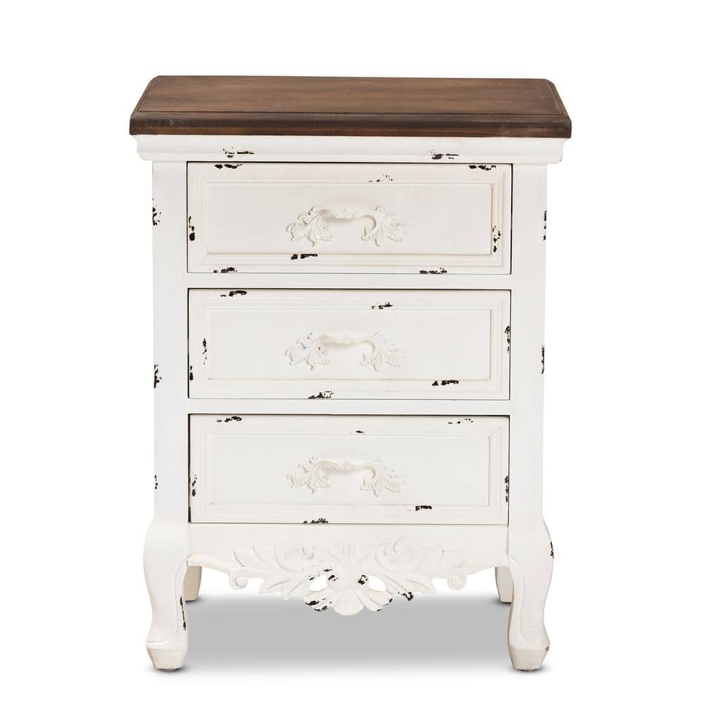Levron Antique White and Walnut Brown 3-Drawer Solid Wood Nightstand