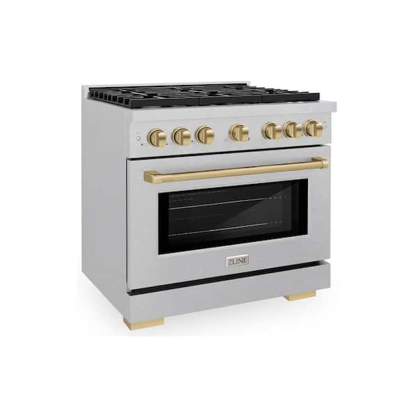 Autograph 36 in. Paramount Dual Fuel Range with 6 Burners and Convection Oven in Satin Steel with Bronze Accents