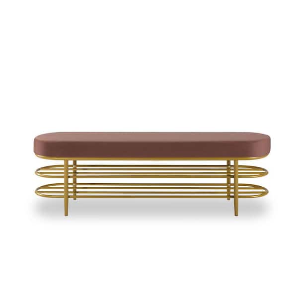 Tidoin 17.72 in. H x 55.12 in. W Pink Metal Shoe Storage Bench with Velvet Upholstered