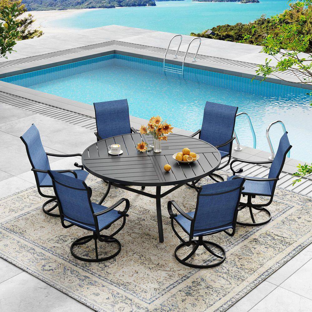 7 Piece Metal Outdoor Patio Dining Set with 50 in. Black Round Dining Table and 6 Blue Textilene Swivel Chairs price history on PriceWatchPro