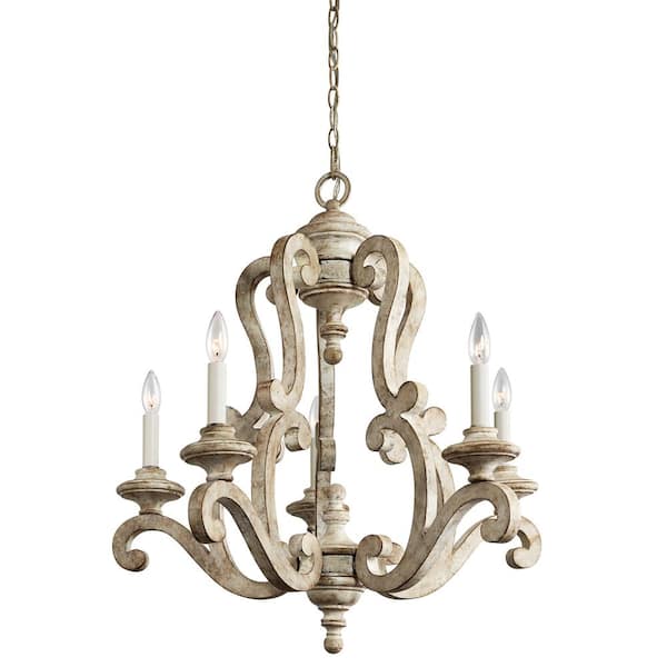 KICHLER Hayman Bay 28 in. 5-Light Antique White Farmhouse Candle Empire Chandelier for Dining Room