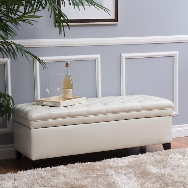 CHRISTOPHER KNIGHT HOME Ivory 50 in. Tufted PU Leather Bedroom Bench with Storage, Solid Birch Legs