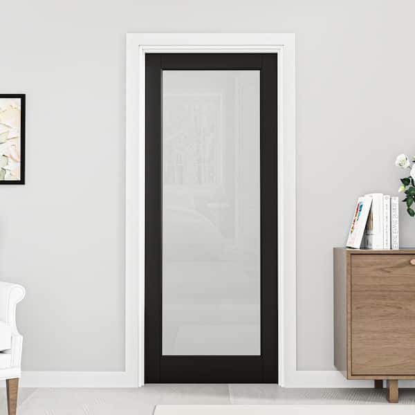 32 in.x 8in. 1-Lite Frosted Glass Right-Hand Black Solid Core Wood Single Prehung Interior Door Plus Quick Assemble Jamb