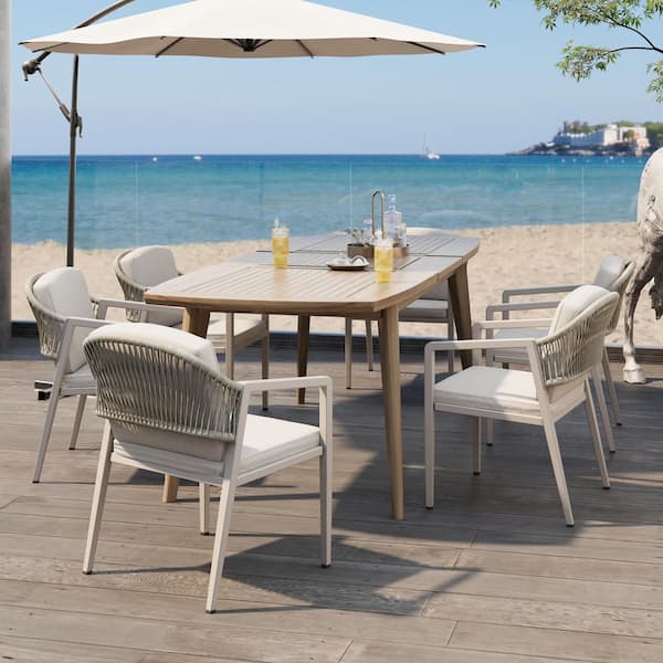Hares Gray 7-Piece Metal and PE Rattan Woven Rectangular Patio Outdoor Dining Set with Beige Cushions