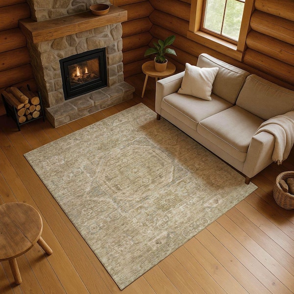 Mayfield Premium Machine Washable Abstract AMF1743 Tan 3 ft. x 4 ft. Area Rug