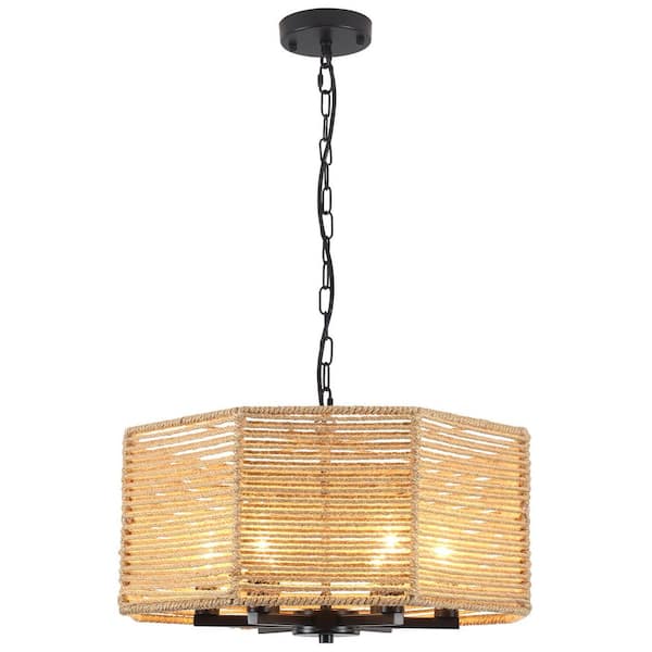 18.89 in. 6-Light Brown Octagon Pendant Drum Chandelier with Natural Rattan Shade and No Bulbs Included For Foyer