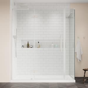 Tampa 60 in. L x 32 in. W x 75 in. H Corner Shower Kit w/ Pivot Frameless Shower Door in Satin Nickel and Shower Pan