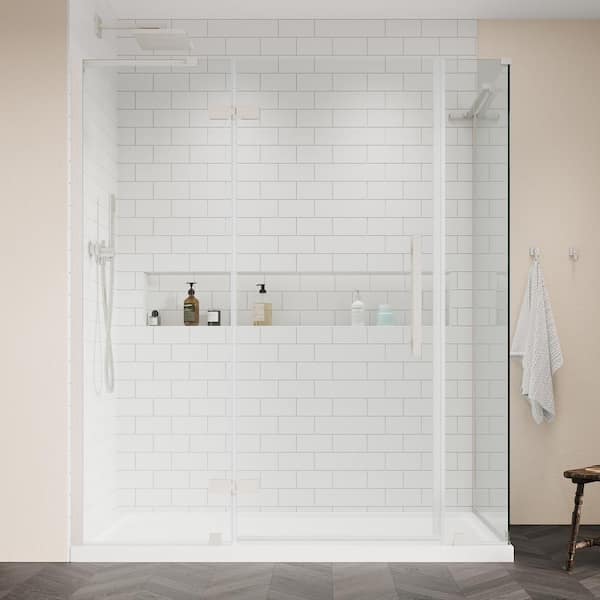 OVE Decors Tampa 60 in. L x 32 in. W x 75 in. H Corner Shower Kit w/ Pivot Frameless Shower Door in Satin Nickel and Shower Pan