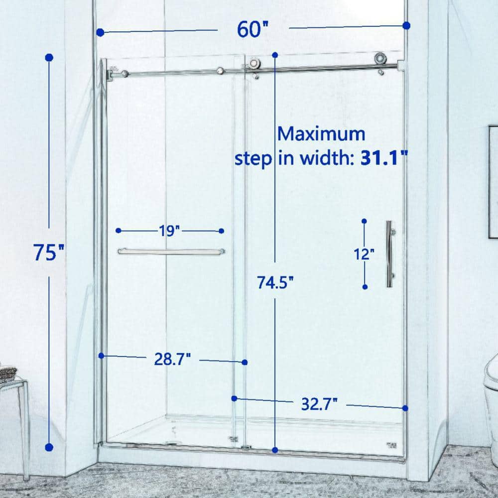 60" Chrome Semi-Frame Sliding Shower Door with Tempered Glass