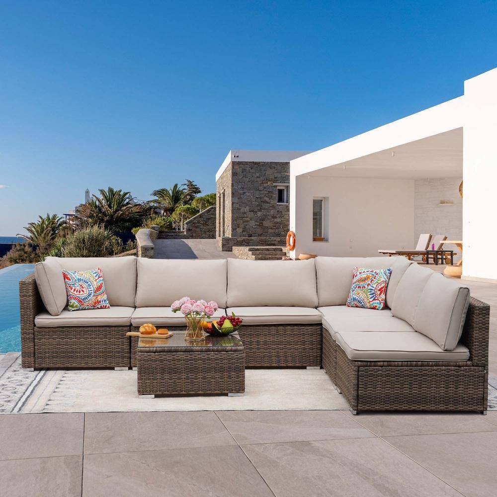 7 Pieces Wicker Outdoor Sectional Set with Brown Cushions and Coffee Table for Backyard Porch price history on PriceWatchPro
