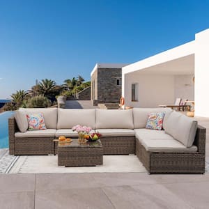 7 Pieces Wicker Outdoor Sectional Set with Brown Cushions and Coffee Table for Backyard Porch
