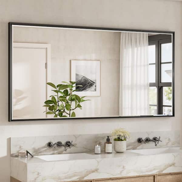 72 in. W x 36 in. H Aluminum Beveled Edge Rectangular Framed Bathroom Vanity Wall Mount Mirror in Brushed Black