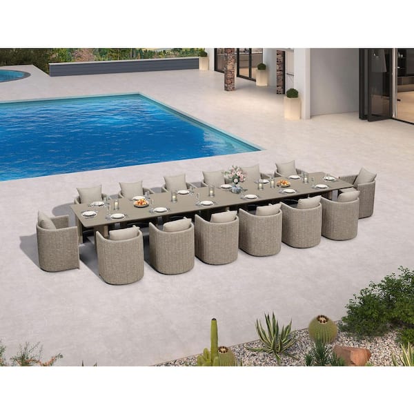 15-Piece Aluminum Outdoor Dining Set Rectangular Dining Table & U-shaped backrest Chairs with Olefin Cushions, Beige