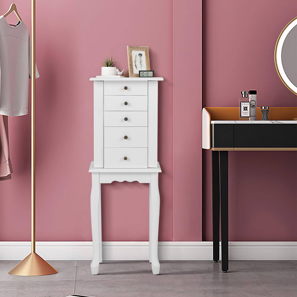 White Wall Mounted Jewelry Armoire with Mirror and Drawers