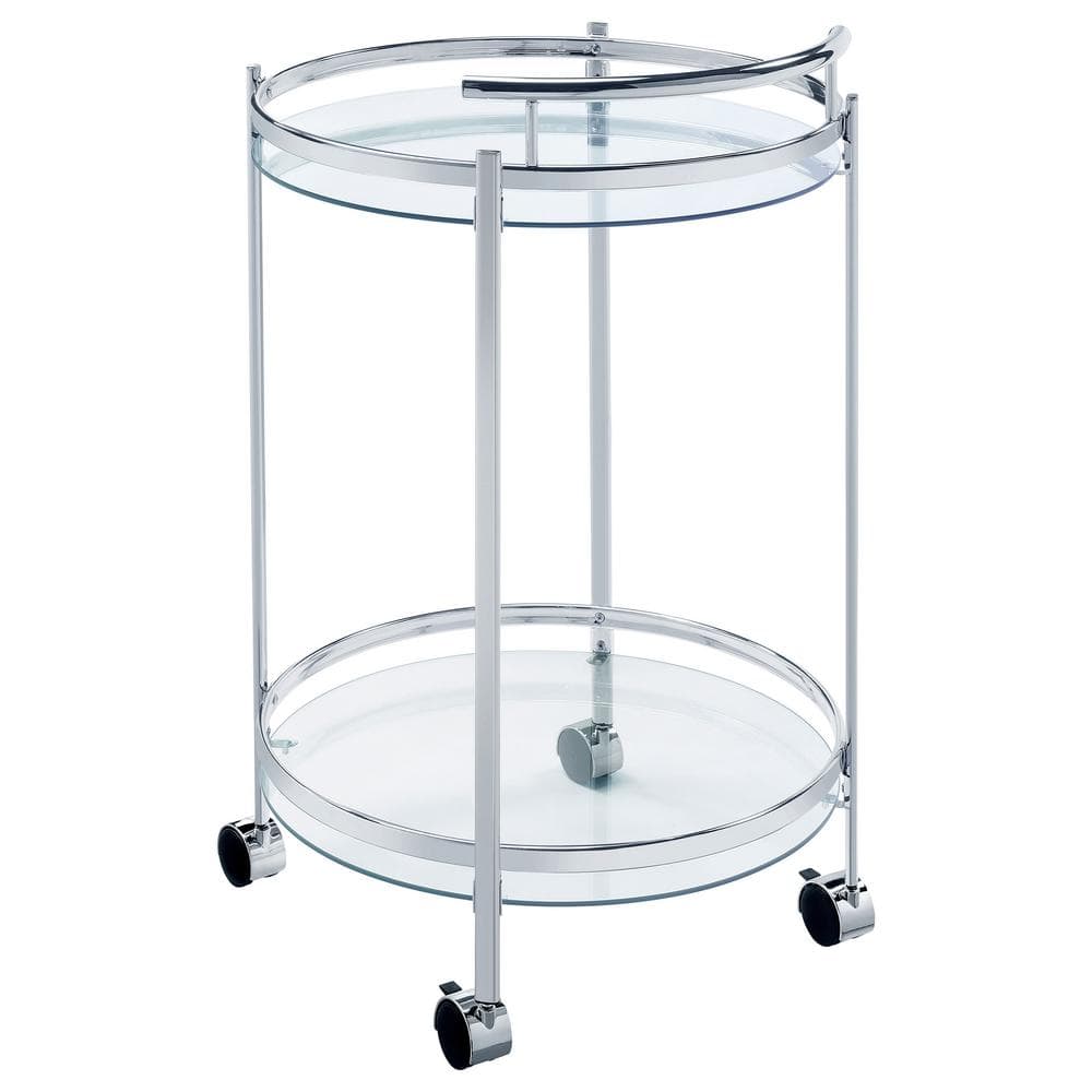 Modern Glam Silver Chrome Round Bar Cart with Tempered Glass Shelves