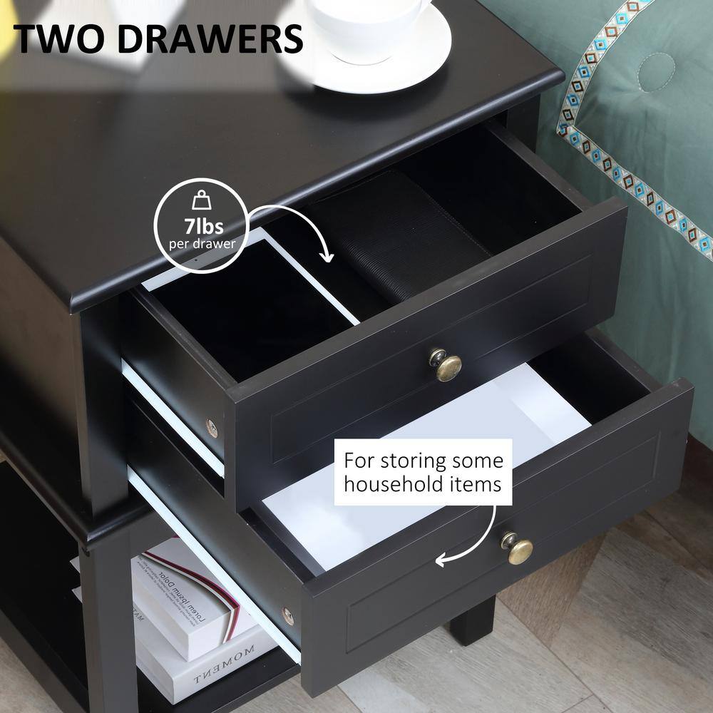 Modern Black Wood Side Table with Dual Storage Drawers and Shelf