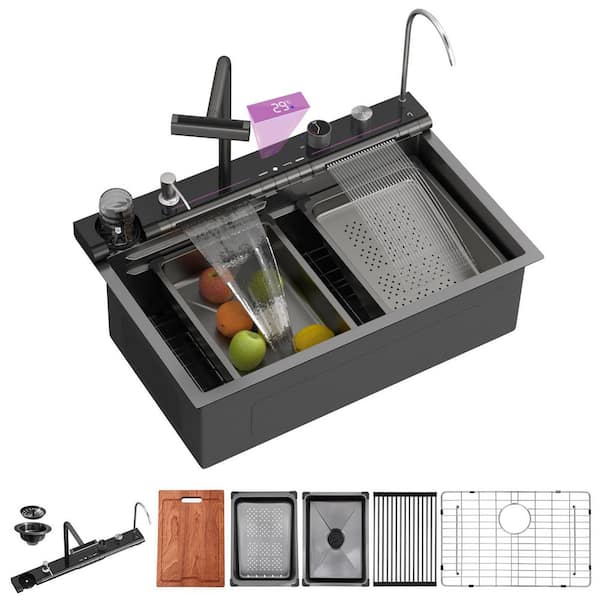 30 in. Drop-in Single Bowl Gunmetal Black Stainless Steel Workstation Kitchen Sink Digital Display with 4 in 1 Faucet