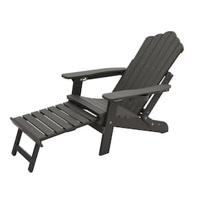 Folding Plastic Outdoor Adirondack Chair with Pul out Ottoman and Cup Holder in Gray