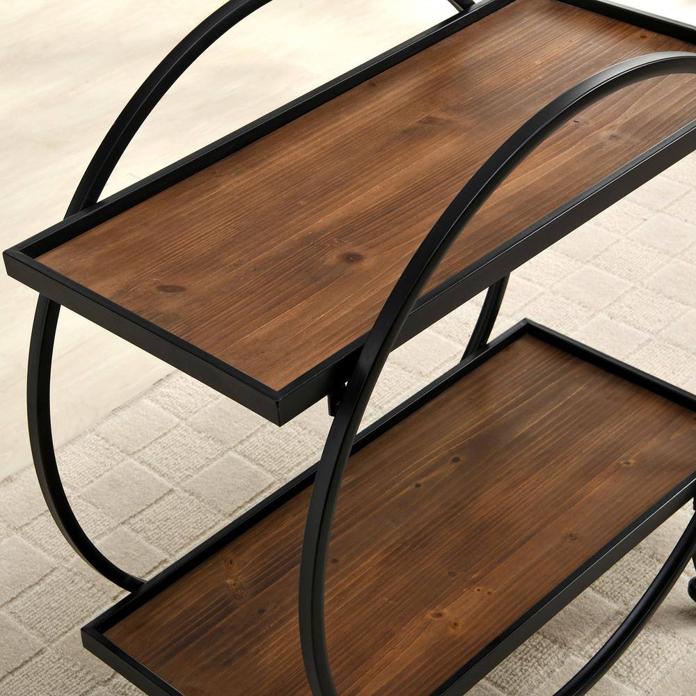 Odessa Black and Brown Round Metal Bar Cart with Storage