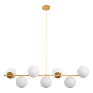 7-Light Brass Linear Chandelier with White Glass Globes - Adjustable Modern Pendant Light for Kitchen and Living Room