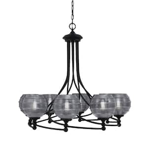 Royale 8 Light Matte Black Chandelier, Round Chandelier with 6 in. Smoke Ribbed Glass Shades, No Bulbs Included