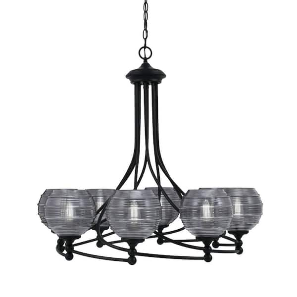Unbranded Royale 8 Light Matte Black Chandelier, Round Chandelier with 6 in. Smoke Ribbed Glass Shades, No Bulbs Included