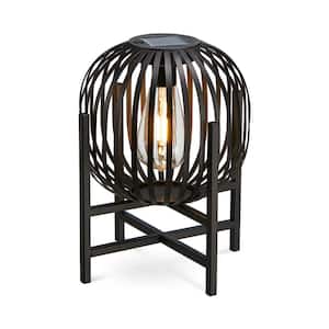 11.50 in. H Black Metal Stripes Solar Powered Edison Bulb Outdoor Lantern with Stand