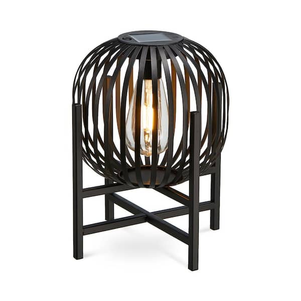 Glitzhome 11.50 in. H Black Metal Stripes Solar Powered Edison Bulb Outdoor Lantern with Stand