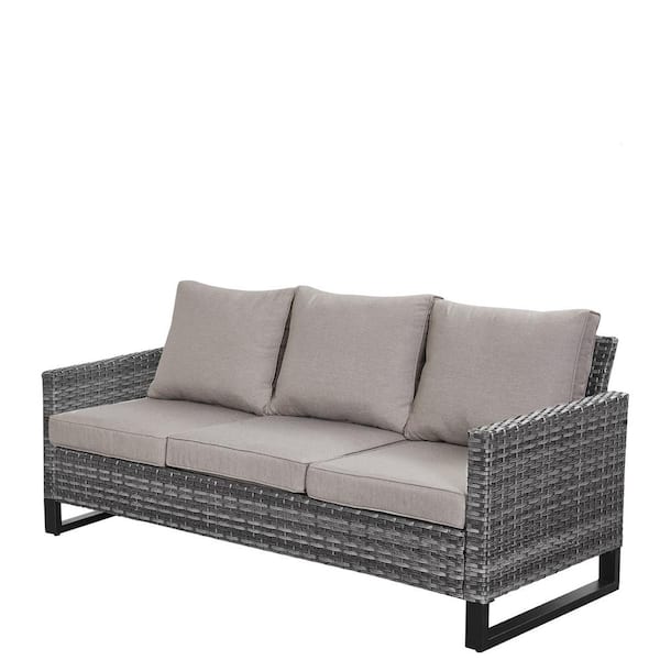 Opohoro U-Weave Metal and Gray Wicker Outdoor 3-Seat Sectional Couch Sofa with Olefin Gray Cushions