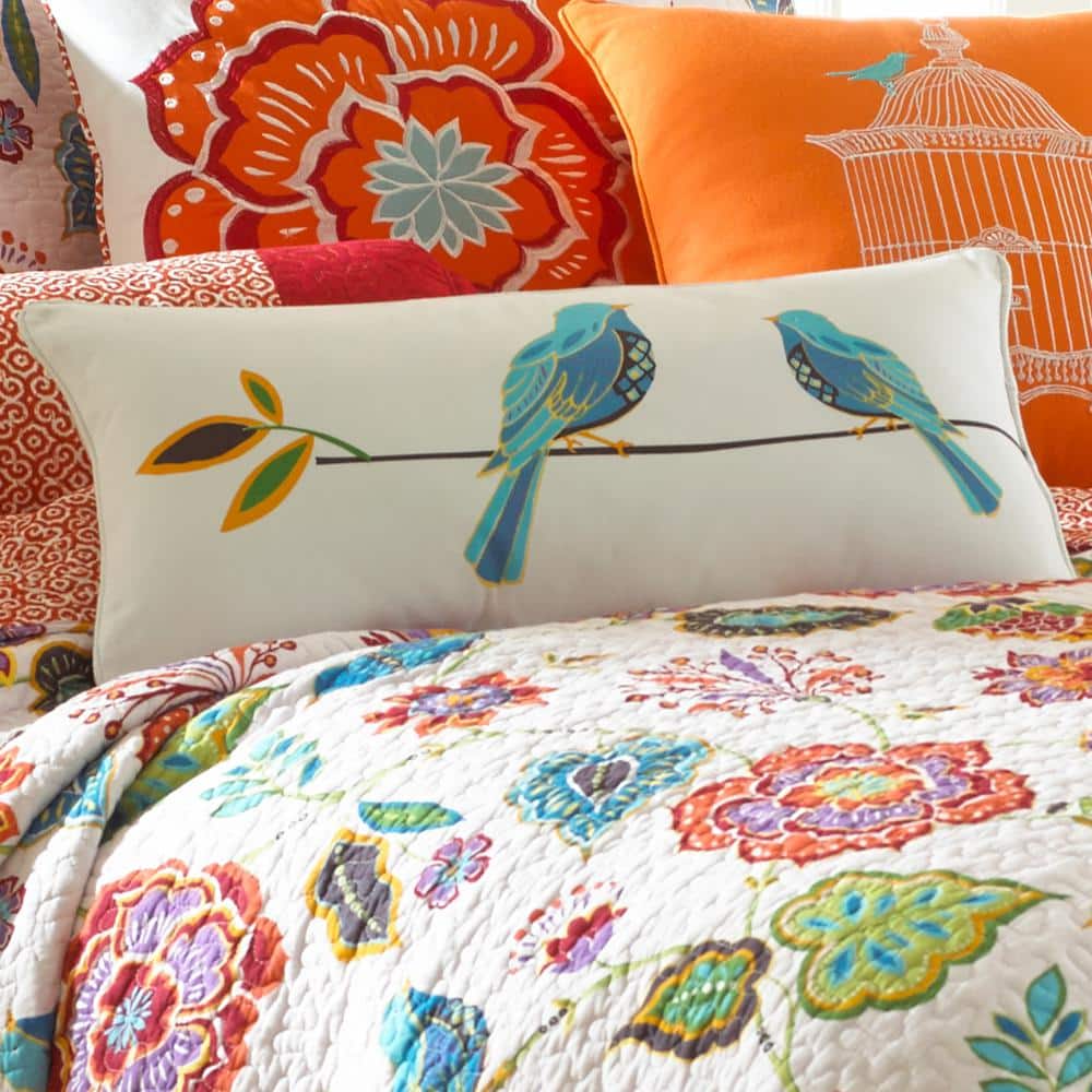Abigail Embroidered Birds Teal and Blue Rectangular Pillow