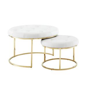 Draven Nesting Ottoman White/Gold PU Leather Button Tufted Metal Frame (Set of 2)