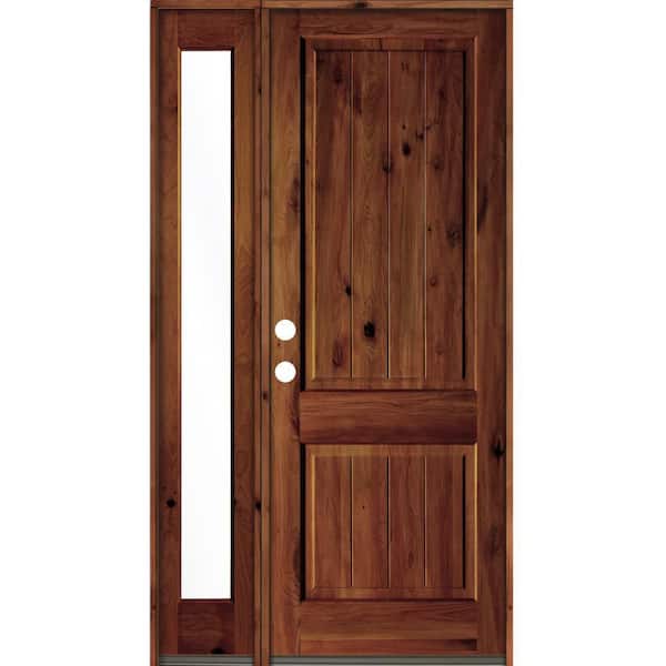 Krosswood Doors 50 in. x 96 in. Rustic Knotty Alder Right-Hand/Inswing Clear Glass Red Chestnut Stain Wood Prehung Front Door w/Sidelite