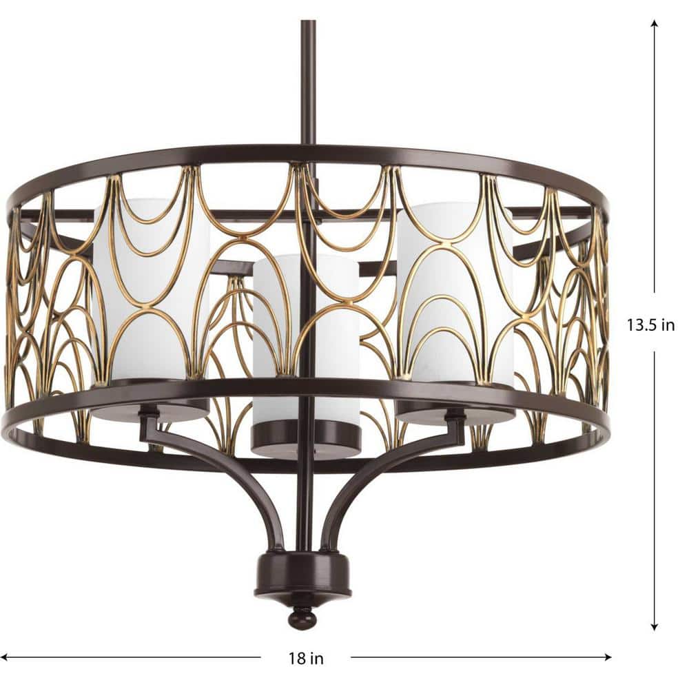 Antique Bronze Drum Chandelier with Etched White Glass