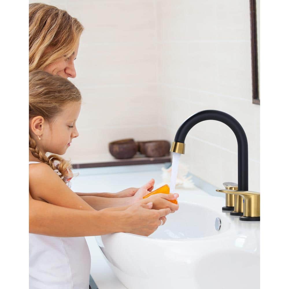 8-Inch Black and Gold Double Handle Widespread Bathroom Faucet