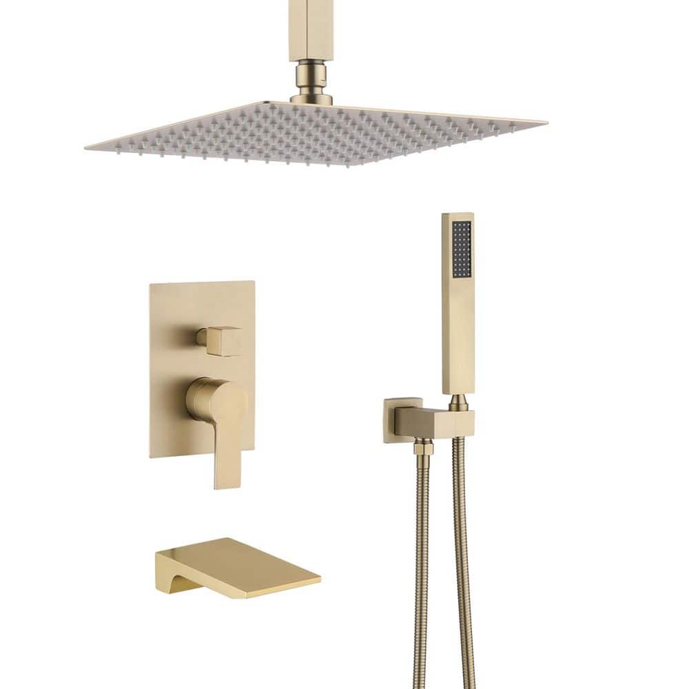 2-Spray 12 in. Bathroom Wall Mounted Shower System with Handheld Spray, Shower Valve and Trim Kit in Brushed Gold price history on PriceWatchPro