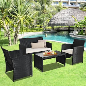 4-Piece Black Wicker Patio Conversation Set with Beige Cushions